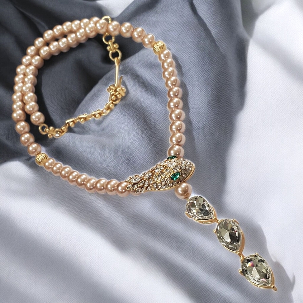 Luxury Champagne Pearl Snake Serpent Crystal Drop Necklace - Picture 3 of 4